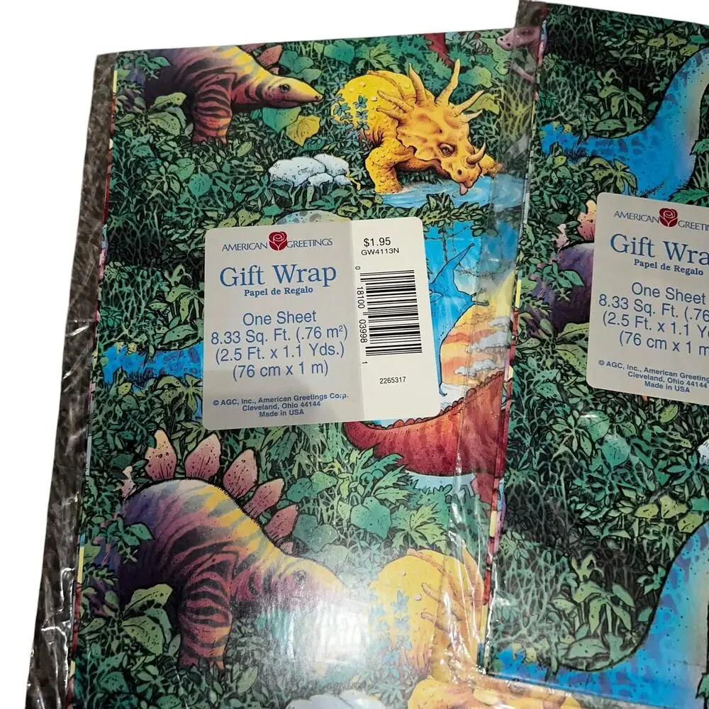vintage 90s Dinosaur Gift Wrap lot of 3 American Greeting Colorful One Sheet
